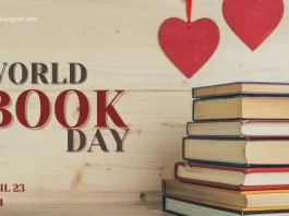 gambar tumpukan buku dan simbol cinta untuk menunjukkan kecintaan pada Hari Buku Sedunia